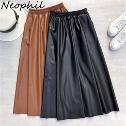 Neophil 80cm Women Leather Long Skirts Pockets Winter Elastic Waist A-Line Flare Skirt Brand Thick Latex Falda Larga S21864 220224