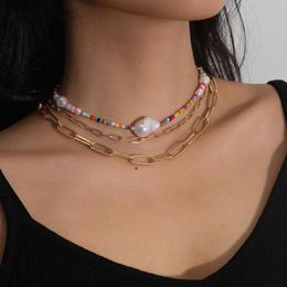 Lacteo Bohemian Imitation Pearl Colorful Bead Choker Necklace Multi Layered Cuban Cross Chain Charm Necklace Jewelry for Women