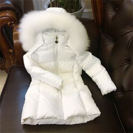 russia Children long down jacket girl winter cold thick coats natural big fox hair collar LJ201017