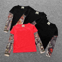 INS Spring Autumn Children's Clothing Boys T-shirt Long-sleeved Splicing Hip-hop Style Tattoo Sleeves Boys Graphic Tee G1224