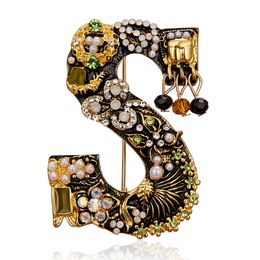 Classic Retro Letter S Enamel Pearl Crystal Brooch Gold Colour Initial Name Brooch Pin Women Men's Fashion Clothes Accessories