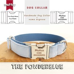 MUTTCO engraved pet name retailing ethnic style handmade dog collar leash THE POWDERBLUE Customised dog collar 5 sizes LJ201111