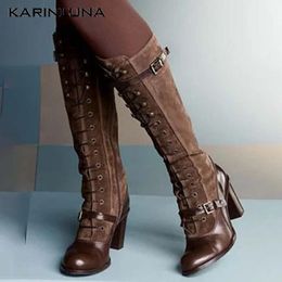fashion sxey UK - Karin Party Sxey woman shoes Fashion Brand Design Vintage Buckles Straps Round Toe Patchwork Knee High Boots1