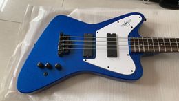 Super Rare Fire Thunder Non Reverse 4 Strings Metallic Blue Electric Bass Guitar White Pickguard, Neck Set In Body, Black Hardware