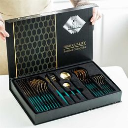 Christmas Stainless Steel Tableware 24 Pcs Set Gift Box Black Gold Mirror Dishwasher Safe Dinnerware Golden Fork 211229