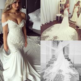 Sexy Long Train Mermaid Wedding Dresses Off The Shoulder Lace Appliques Pearls Beaded Backless Chapel Length Custom Plus Size Bridal Gowns