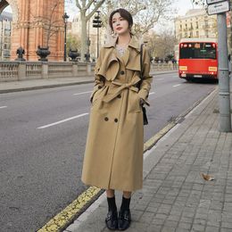 Spring Autumn Double Breasted Women Trench Coat Long Below-Knee Belted Duster Coat Khaki Outerwear for Ladies Windbreaker T200811