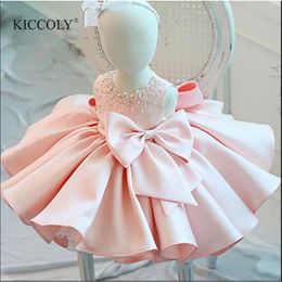 Infant Girl Clothes Beads Lace Bow Newborn Baptism Dress Sleeveless Baby Girls Party Christening Dresses 1 Year Birthday Outfits LJ201221