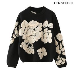 Autumn Winter Floral Print Sweater Women Knitted Pullover Femme Sweaters High Quality Knitted Oversize black Sweater Jumper 201031
