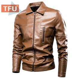 TFU Men Autumn Winter New Business Casual TurtleNeck Fleece Leather Jacket Coat Men 2021 Spring Pockets Faux PU Leather Jackets 201215