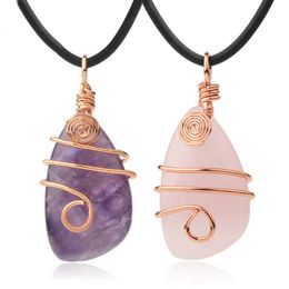 Natural Stone Copper Wire Wrap Pendant Irregular Geometric Bead Rose Gold Colour Necklace for Women Men Healing Jewellery