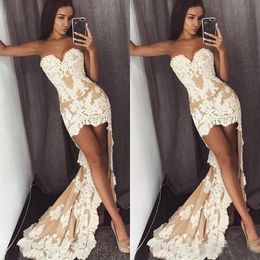 2020 high low Sexy Champagne Lace Mermaid Prom Dress Sweetheart Front Short Back Long Plus Size Evening Occasion Party Wears Cocktail Dress