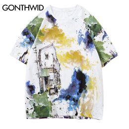 GONTHWID Graffiti Ink Landscape Painting Print Tshirts Streetwear Men Hip Hop Harajuku Casual Short Sleeve Tees Top Summer Shirt LJ200827