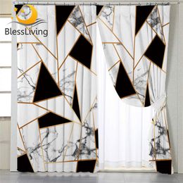 BlessLiving Geometric Curtains for Living Room Marble Texture Blackout Curtain Elegant Gold White Bedroom Window Curtain rideaux LJ201224