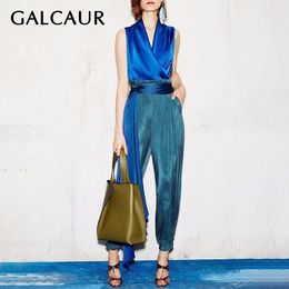 GALCAUR Casual Summer Two Piece Set Women V Neck Sleeveless Tops High Waist Big Size Ankle Length Pants Female Suit 2020 LJ201126