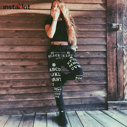 InstaHot Black Gothic Punk Letter Printed Legging Tapered Carrot Pants 5%Spandex Streetwear Women Cotton Jogger Casual Trousers 201118