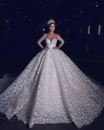 Glamorous Wedding Dresses Lace Appliques 3D Flower Bridal Gowns Floar Long Sleeves Sweetheart Robe de mariée Custom Made