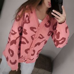 HLBCBG Women Sweaters Autumn Winter Fashionable Casual Leopard V-Neck Single Breasted Puff Sleeve Loose Cardigans Coat 201123