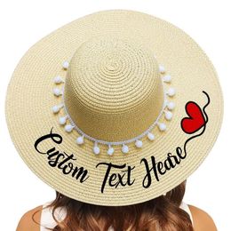 Beach hat Embroidery Personalised Custom Your Name Text Women Sun Hat Pompon Large Brim Straw Hat Honeymoon Dropshipping Y200714