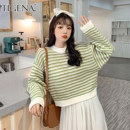 TIGENA Korean Cute Loose Short Striped Pullover Sweater Women 2020 Winter Long Sleeve Knitted Jumper Female Green Red Knitwear1