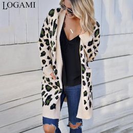 여성용 니트 티 티즈 Logami Long Leopard Cardigan 슬리브 가을 겨울 스웨터 패션 2021 여성용 코트