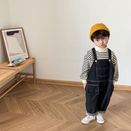 Autumn boys loose casual black denim overalls Children all-match wide leg suspender trousers 201128