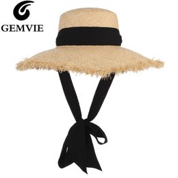 Gemvie Weave Weave Raffia соломенная шляпа для женщин широкий Brim Floppy Sun Hat Sun Hat Summer Hats Lady Beach Cap с ремешком подбородка модный Y200102