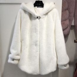 Chic Faux Fur Coats Jackets Hooded Women Autumn Winter Fur Overcoat Cosy Soft Warm Outerwear Female Warm Winter Jacket 201029