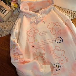 Spring Autumn Tie Dye Hoodie Women Thick Warm Cute Pink Oversized Sweatshirt Hooded Harajuku Vintage Pullover 220311
