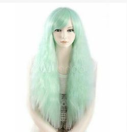 Fashion Elements of style Side-swept Bangs Green Long Curly Full Wig