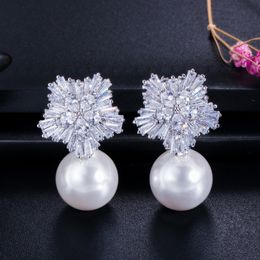 Snowflake Imitation Pearl Luxury Bride Charm Designer Earrings Jewellery White Grey Red Pearl AAA Cubic Zirconia Copper Silver Earring Women Engagement Wedding Gift