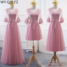 MNZ-17D#Embroidered Pale Mauve Bridesmaid's Dresses Long Lace up Middle sleeve Marriage Sister Christmas Dress Girls wholesale 201114