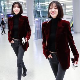 Designer Runway Velvet Jacket Coat Spring Autumn Women Notched Single-Button Red Small Suits Plaid Pocket Outerwear 201201