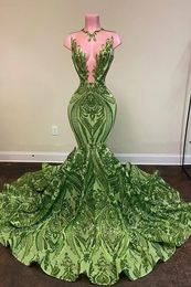 Olive Green Mermaid Prom Dresses Black Girls Sequins Jewel Neck Illusion Long Plus Size Formal Evening Gowns Graduation Dress BC11328