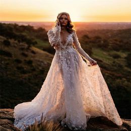 Floral Chic Wedding Dresses Long Sleeve A Line High V Neck Lace Appliqued Country Bridal Gowns Custom Made Robes De Mariée