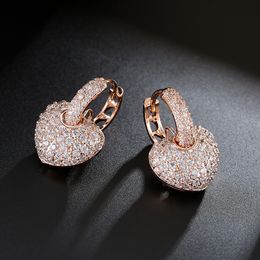Zirconia Micro Paved Heart Dangle Earrings for Women Rose Gold Colour Clear Crystal Hip Hop Jewellery Ice Out Bling Rock Punk Lover Party Gifrs for Women Bijoux