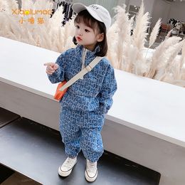 Kids Clothes Girls 2Pcs Jeans Suit Fashion Half Zipper&Packet Blue Letter Print Baby Set Long Sleeve Children's Costumes To 8X1019