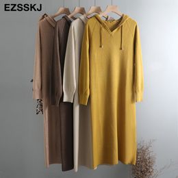 oversize Autumn Winter basic hooded long Sweater dress women loose Thick maix dress Female robe chic knit straight dress LJ201114