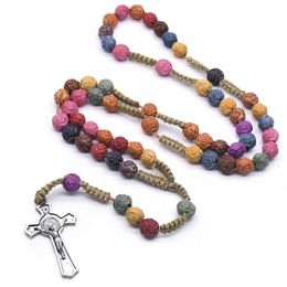 Colourful Rose Beads Cross Rosary Necklace Christ Jesus Religion Handmade Christian Prayer Beads