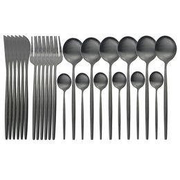 24Pcs Black Dinnerware Set 304 Stainless Steel Knife Fork Spoon Silverware Matte Cutlery Set Kitchen Flatware Tableware Set Y200610