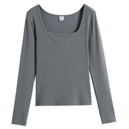GIGOGOU Long Sleeve Ribbed 95% Cotton Women T Shirt Solid Square Collar S-XL Top Tee Chic Female T-Shirt Autumn Winter 201125