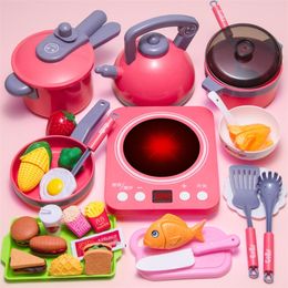 New Children's Kitchen Play House Simulation Large Sound and Light Kitchenware Cooking Food Cutting Fruit Set Toy for Girls LJ201007