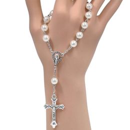 Classic Retro Imitation Pearl Mary Jesus Cross Pendant Rosary Bracelets Catholic Icons Religious Jewellery Women Gift