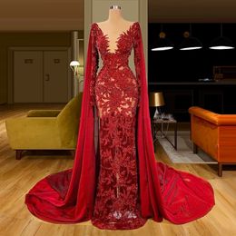 Sparkly Red Beaded Evening Dresses with Wrap Lace Appliqued V Neck Prom Gowns See Through Dubai Sexy vestido de novia
