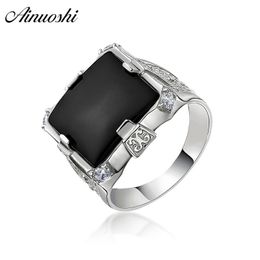 AINOUSHI Fashion 925 Sterling Silver Men Wedding Engagement Ring Black Square Male Silver Birthday Party Ring Gift hombre suena Y200106