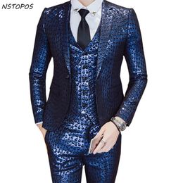 Luxury Baroque Suit Gold Blue Tuxedo Jacket+vest+pant Smoking Homme Costume Mariage Homme Party Wedding Stage Clothing 3XL 201106