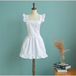 1pc Japanese Style Elegant Victorian Pinafore Apron Maid Lace Smock Costume Ruffle Pockets White/Pink Y200103