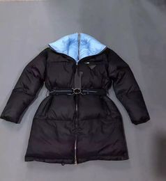 2024 Fall Winter Luxury Italian Design Office Style Navy Blue Nylon Down Belted Oversized Jacket Hoodie Coat For Lady Outwear