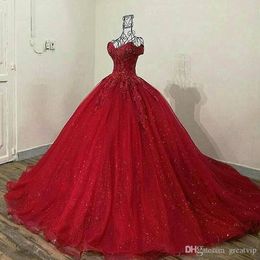 Dark Red Quinceanera Dresses Off the Shoulder Straps 2022 Tulle Lace Applique Sparkly Sequins Custom Made Sweet 16 Formal Pageant Ball Gown Princess Wear