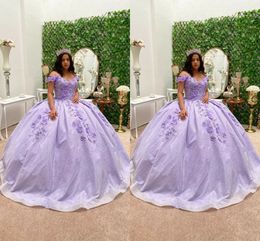 Lilac Sparkly Tulle 2022 Quinceanera Dresses 3D Flowers Crystal Off Shoulders Short Sleeves Corset Back Formal Prom Sweet 16 Dress